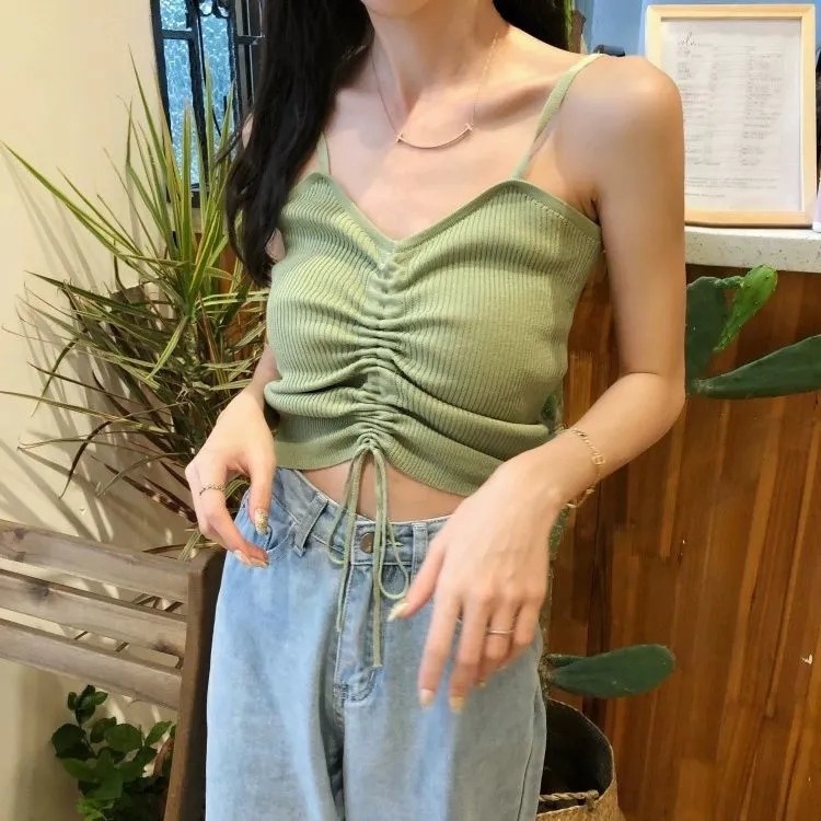 Áo camisole ZHELIHANGFEI dệt kim phối dây rút xinh xắn cho nữ