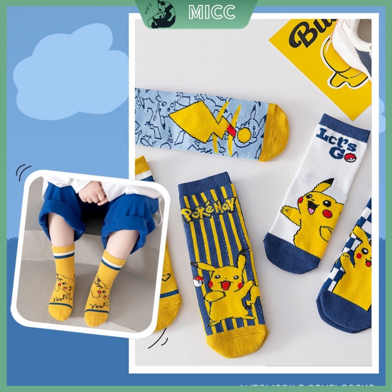 Set 5 Đôi Vớ Cotton Họa Tiết Pikachu Dễ Thương Cho Bé 1-12 Tuổi