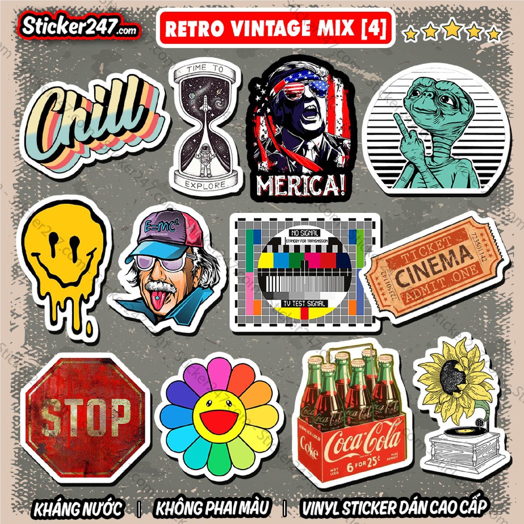 Sticker Vintage Retro 𝑭𝒓𝒆𝒆𝒔𝒉𝒊𝒑 Sticker Dán Mũ Bảo Hiểm, Dán Vali, Đàn Guitar - Hình Dán Chống Thấm Nước - Mix Chủ Đề