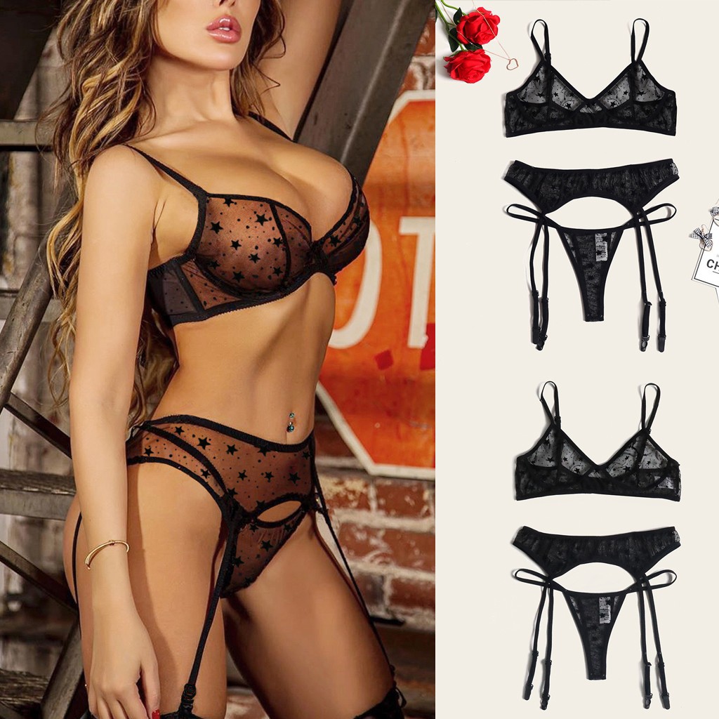 Bộ Đồ Lót 3 Món Áo Ngực Không Gọng In Hình Ngôi Sao + Quần Lót G-String + Nịt Bít Tất Gợi Cảm