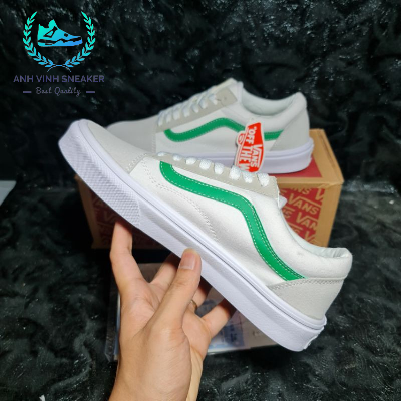 Giày Vans Old Skool White Green Trắng Sọc Xanh Lá Nam Nữ Cổ Thấp