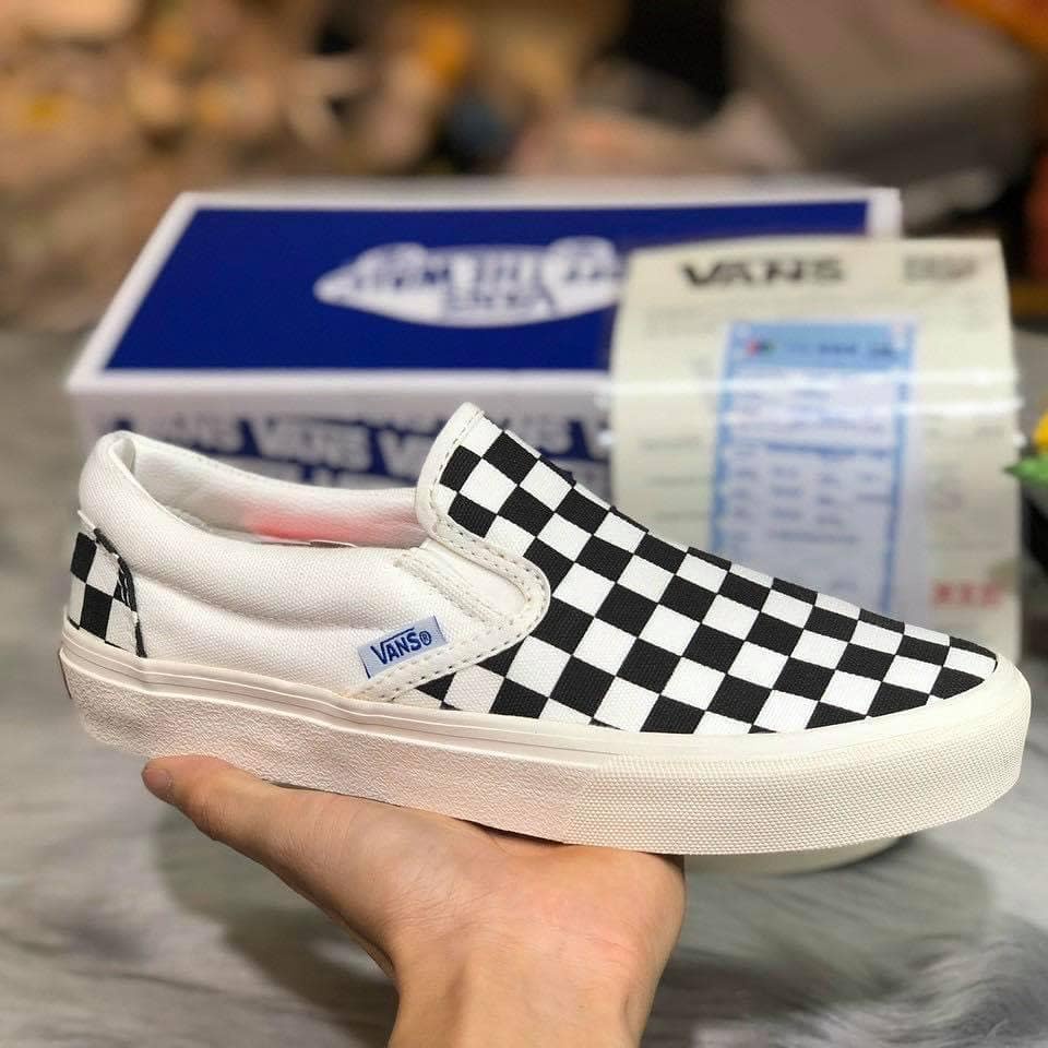 Giầy Vans Caro Slip On Đen Trắng Giầy Lười Nam Nữ Giá Rẻ Vans Vault Old Skool Vải Cao Cấp Thoáng Khí