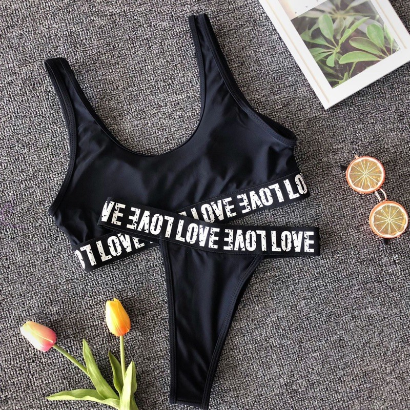 [BKN1064] &lt;ÂU&gt; SET BIKINI BASIC ĐEN CẠP CHỮ LOVE