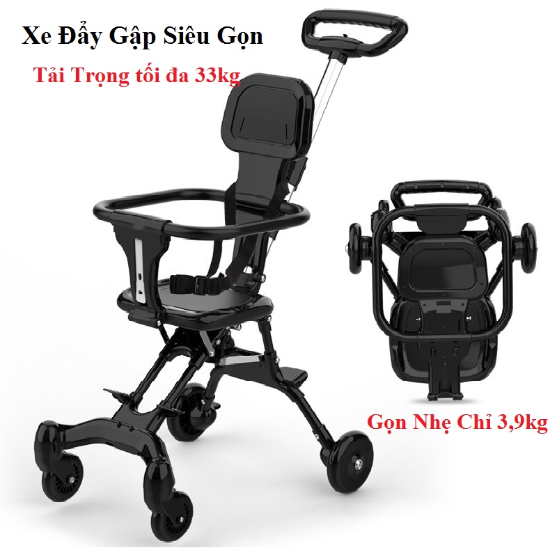 Xe Đẩy Gấp Gọn Cho,Bé Có Đệm , Dây Đai An Toàn 4 Bánh Gấp Gọn Thoáng Lưng Cho Bé