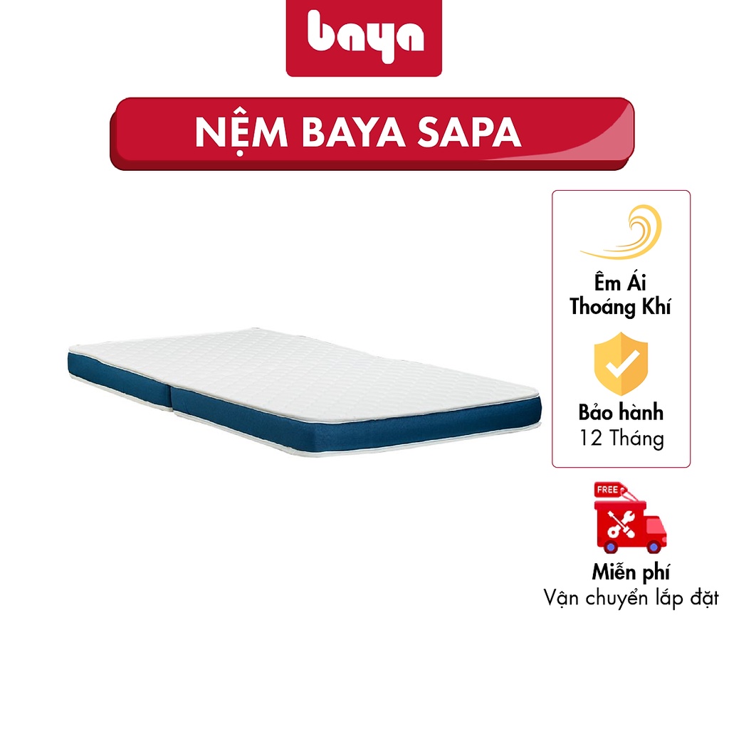 Nệm Ngủ Gấp Gọn BAYA SAPA Màu Trắng Viền Xanh Làm Từ Vải Gấm Xốp Có Trần Mút Tạo Múi Đem Lại Cảm Giác Êm Ái