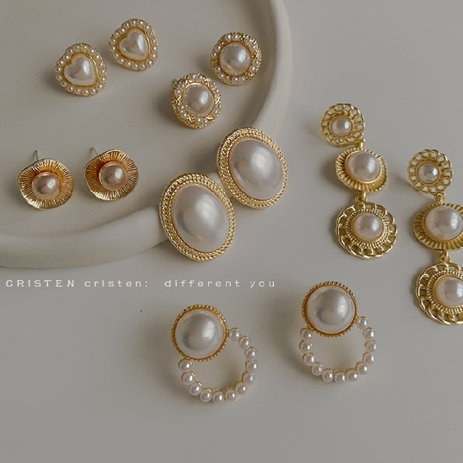 MOCHASHUĐôi khuyên tai MOCHASHU dạng xỏ đính hạt ngọc trai nhân tạo phong cách vintage thanh lịch thời trang Pháp