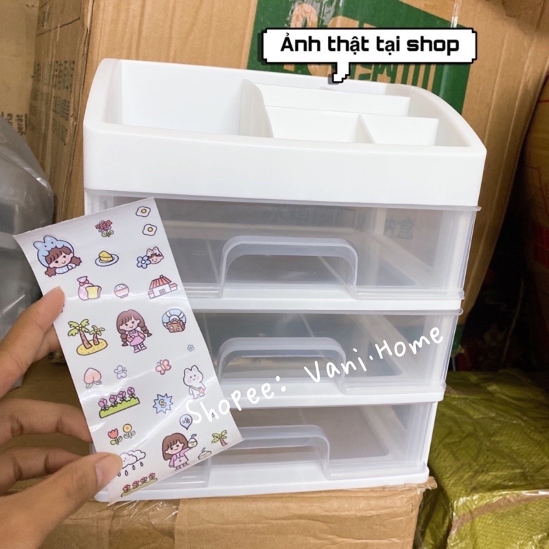 Kệ mĩ phẩm đa năng 4 tầng SIÊU TO có ngăn kéo kèm khay để remote, mỹ phẩm, phụ kiện- Kệ mỹ phẩm decor bàn học có sticker