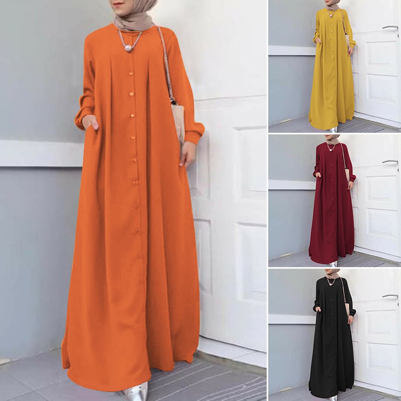 Đầm Maxi ZANZEA Tay Dài Màu Trơn Phong Cách Hồi Giáo Cho Nữ