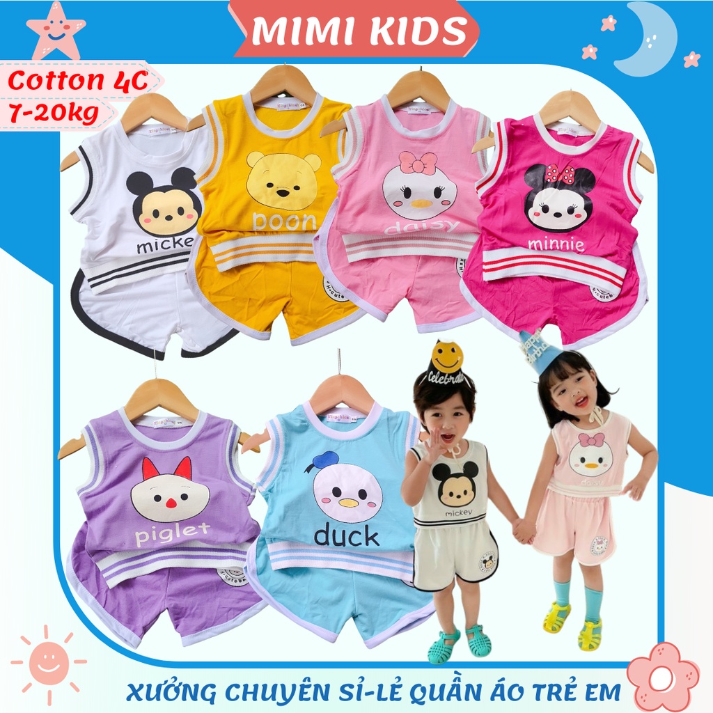 Đồ bộ sát nách quần áo trẻ em chất cotton 4 chiều bo chun gấu in hình thú dễ thương cho bé trai và bé gái từ 7-20kg