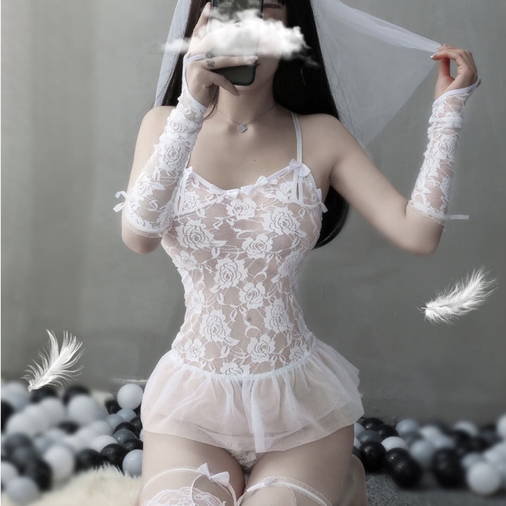 Đồ ngủ sexy đồ ngủ nữ cosplay cô dâu 3 sexy ren lưới hoa văn màu trắng freesize QUENQUEN store | BigBuy360 - bigbuy360.vn