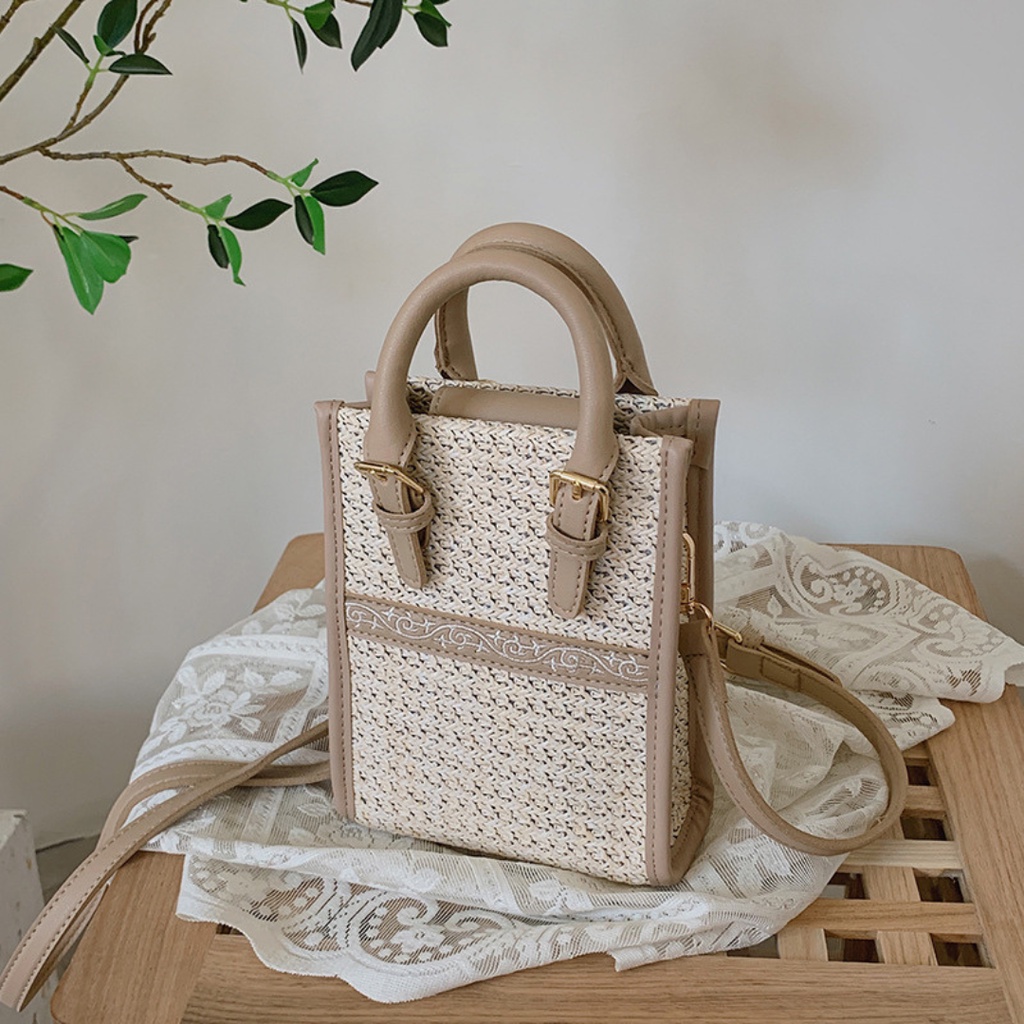 Túi cói viền da hình chữ nhật phong cách Hàn Quốc mới nhất 2022 La.orie - La013