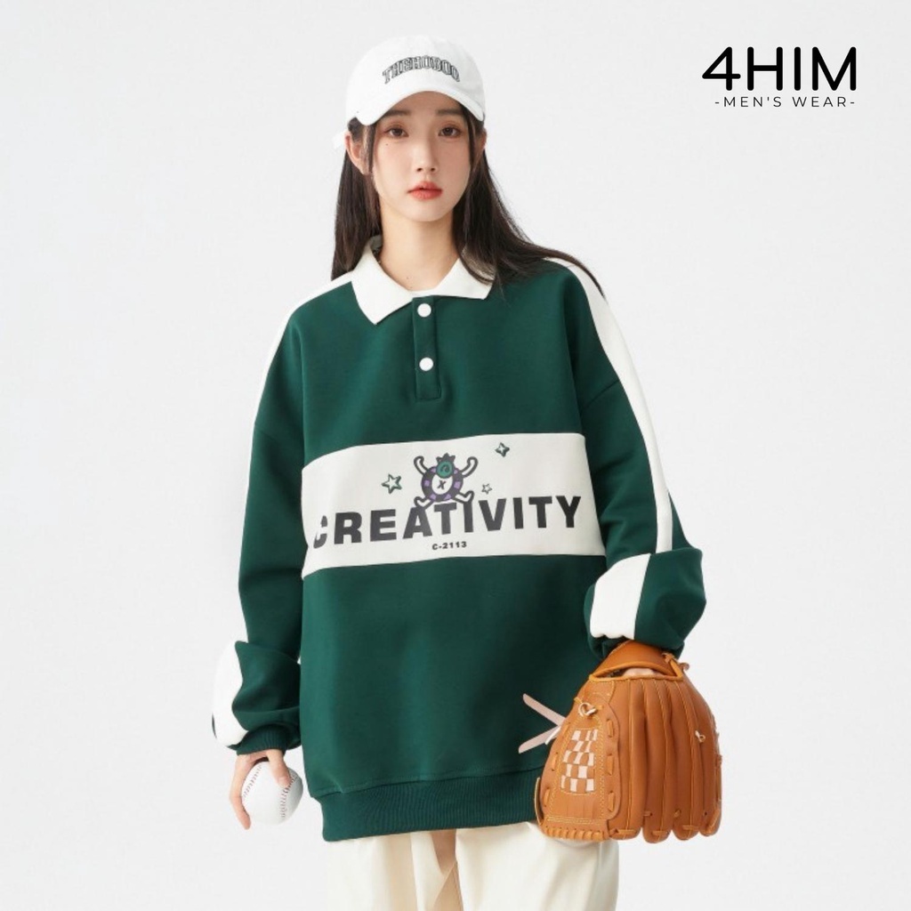 Áo sweater nỉ unisex polo chất vải nỉ bông in hình sắc nét Áo nỉ bông dài tay nam nữ form rộng tay bồng hàn quốc 4him