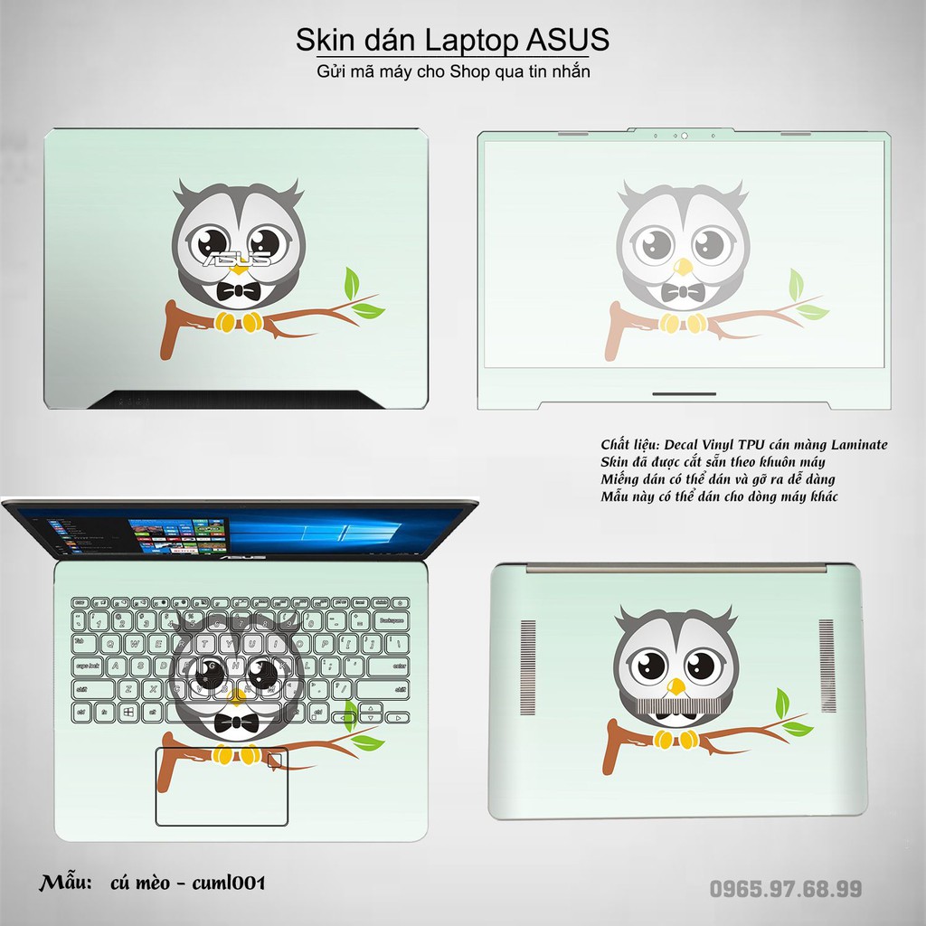 Skin dán Laptop Asus in hình Cú mèo (inbox mã máy cho Shop)