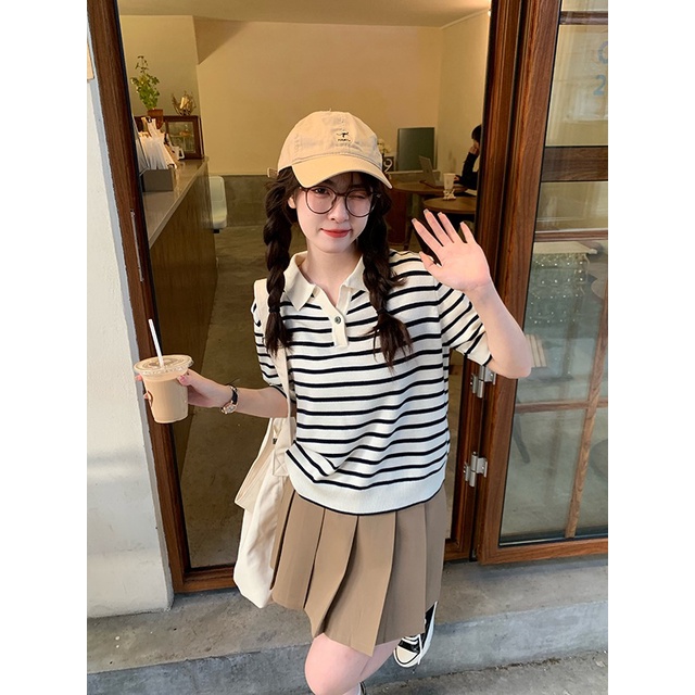 Áo thun polo ZHELIHANGFEI vải dệt kim ngắn tay họa tiết kẻ sọc ngang thời trang