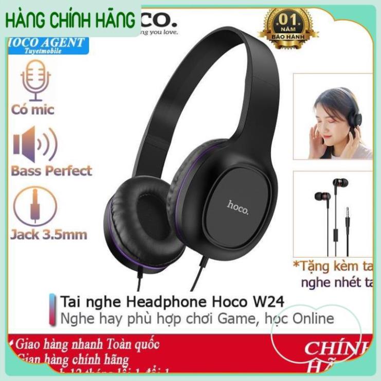 Tai nghe chụp tai W24 Hoco, Loa Cho laptop pc headphone có dây 3.5 tặng kèm tai nghe nhét tai BH 6 Tháng