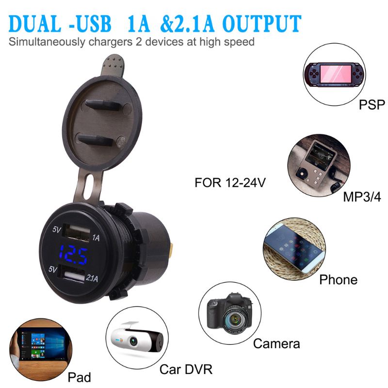 Tẩu Sạc Điện Thoại Hai Cổng Usb 12v 24v 2.1a Có Đèn Led Cho Xe Hơi / Xe Tải / Tàu Thuyền / Xe Máy / Tàu Thuyền