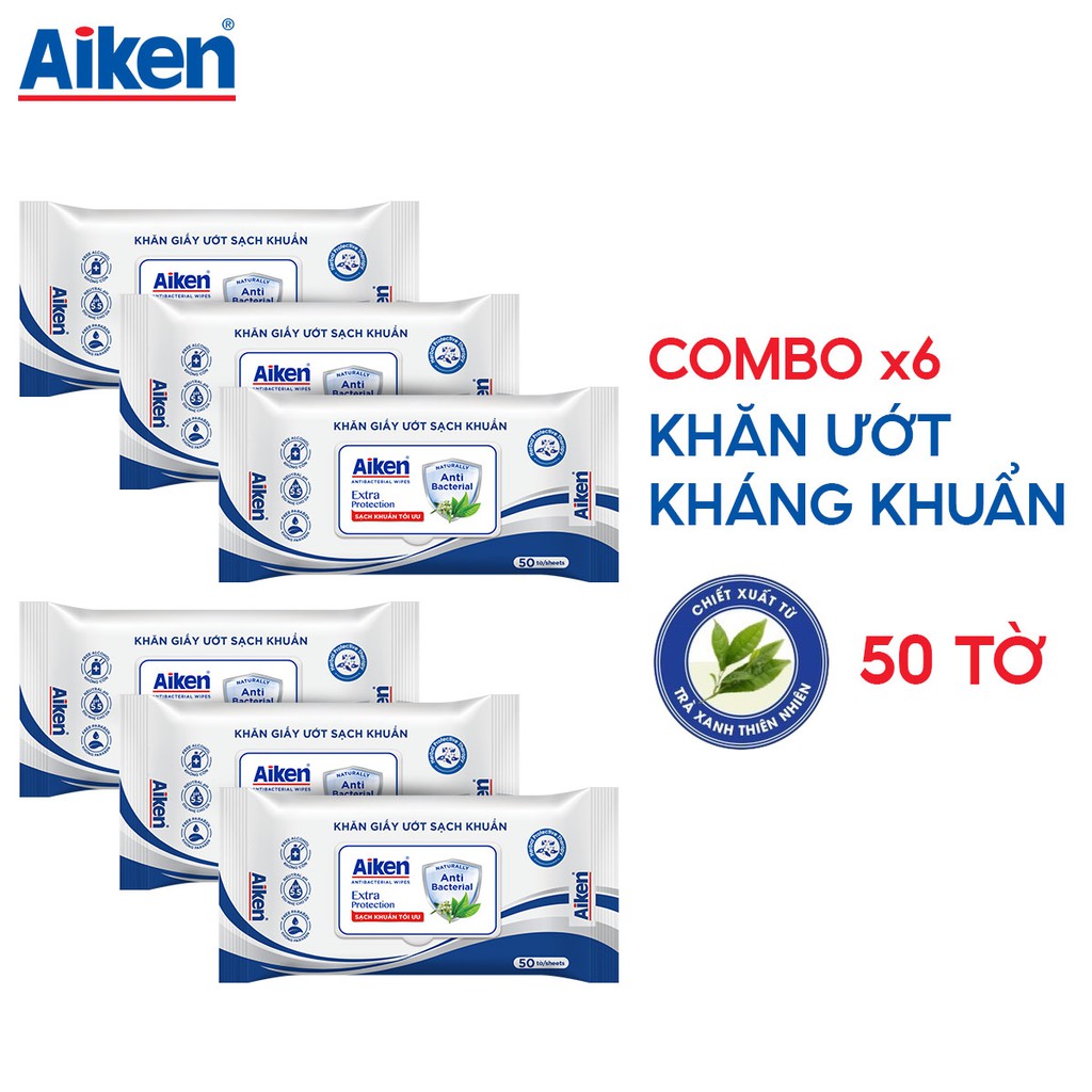 Aiken Combo 6 Khăn giấy ướt sach khuẩn chiết trà xanh thiên nhiên 50 tờ/túi