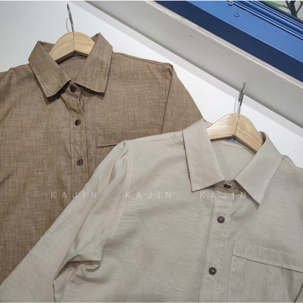 Đầm sơ mi linen tưng, dài tay, xẻ vạt