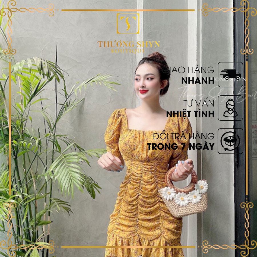 Váy voan hoa nhí cổ vuông nhúm thân C65 - Đầm ôm body điệu đà gợi cảm - Thuongshyn