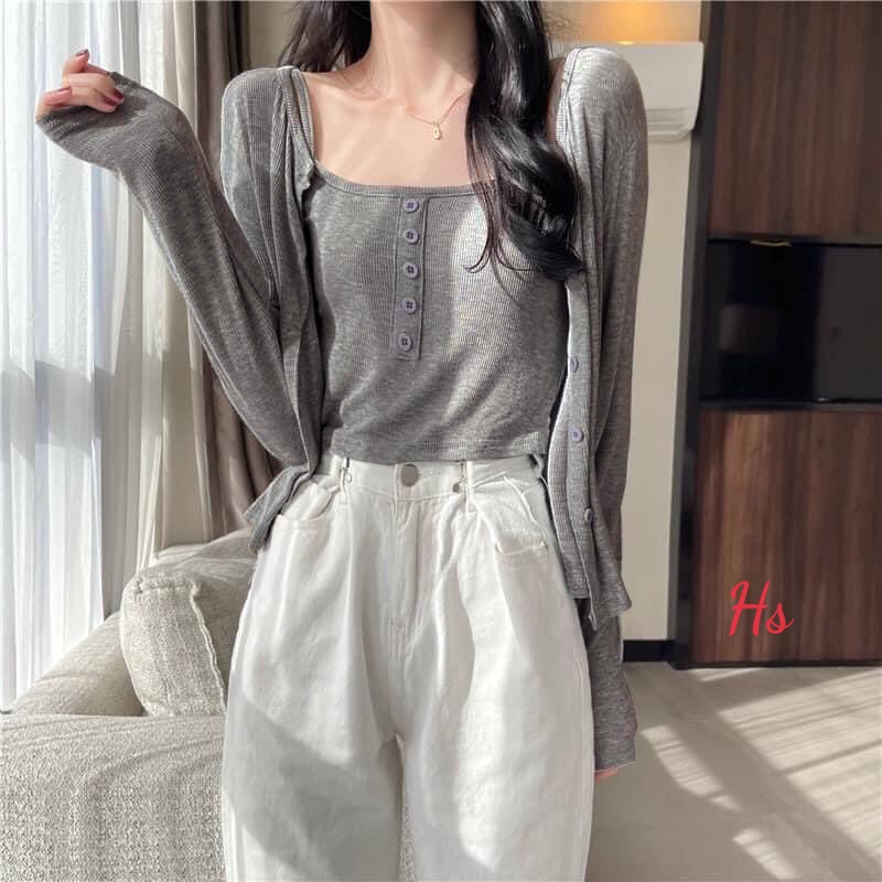 Set Áo 2 Dây 1 Hàng Cúc Giữa Chất Liệu Cotton Nhẹ Nhàng Nữ Tính Bơ Store