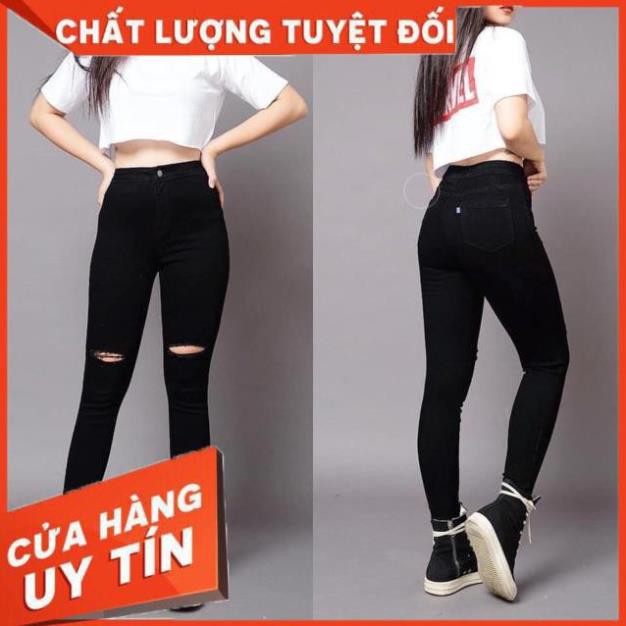 QUẦN JEANS Skinny ĐEN ôm RÁCH GỐI - chất mềm giãn