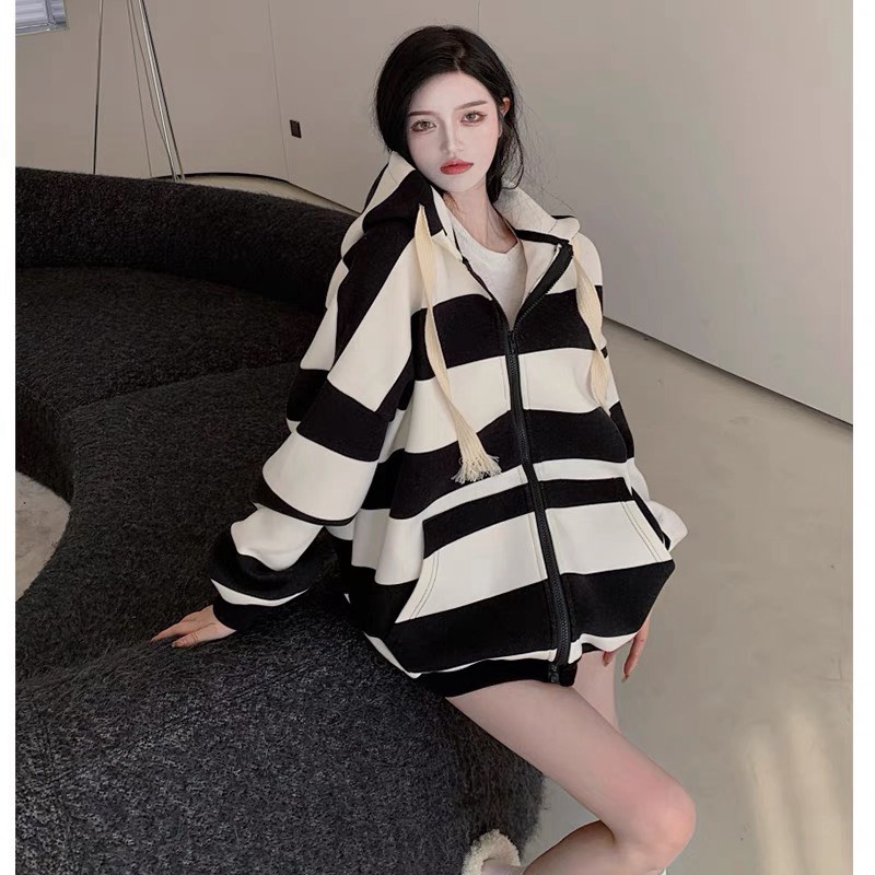 Áo Hoodie Nữ Phối Viền Sọc Hai Màu Đen Trắng Thời Trang Sành Điêu Phong Cách Giới Trẻ