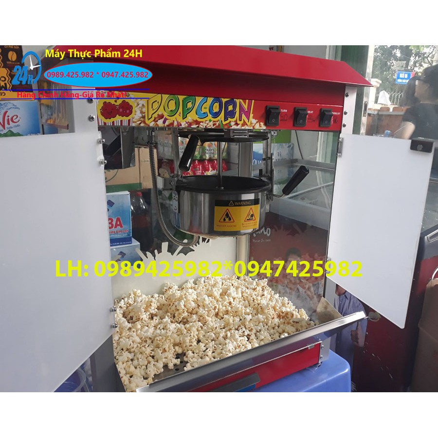 Máy nổ ngô tủ kính chạy điện 220v hàng có mái che