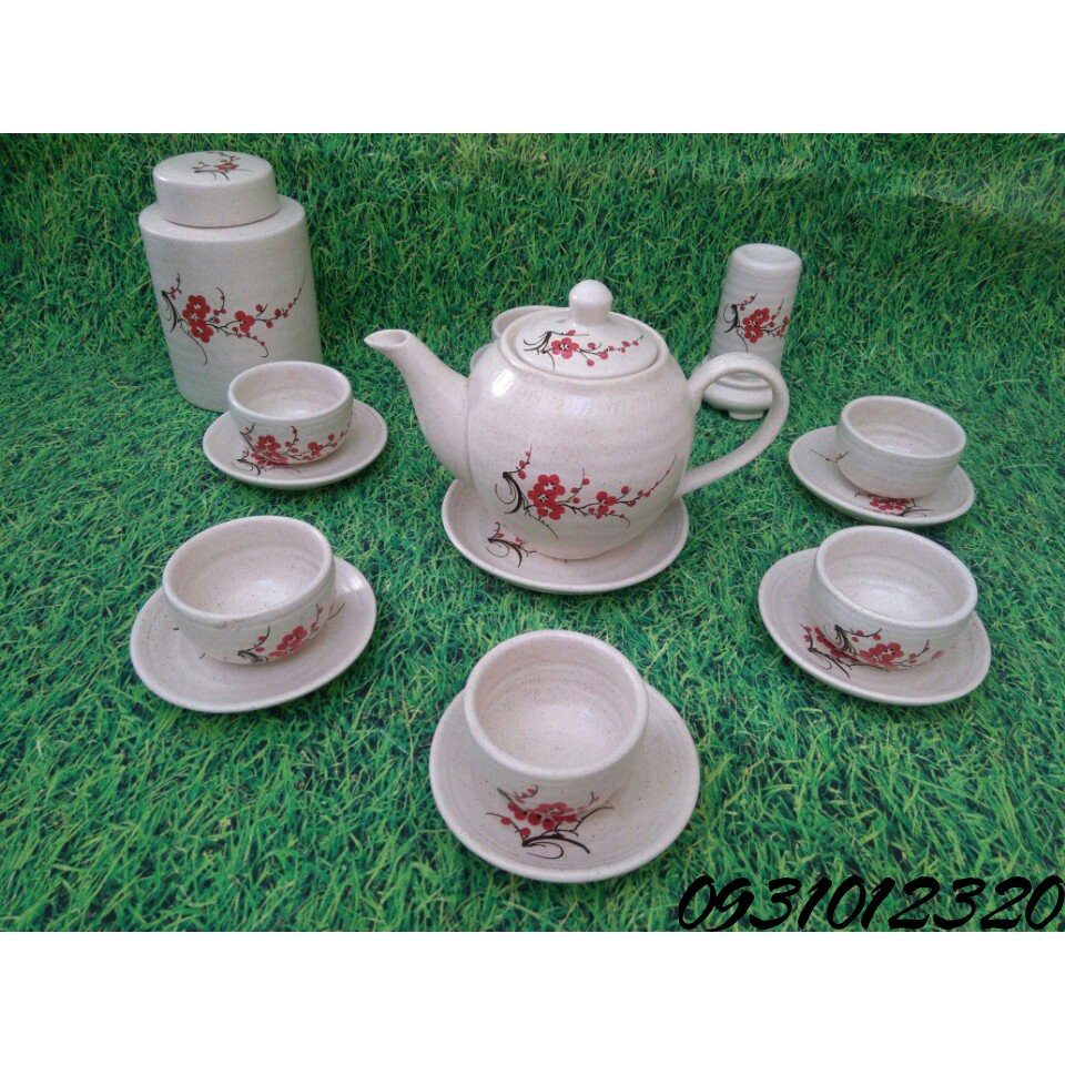 ấm chén bát tràng vẽ đào tròn + hộp chè, ống tăm