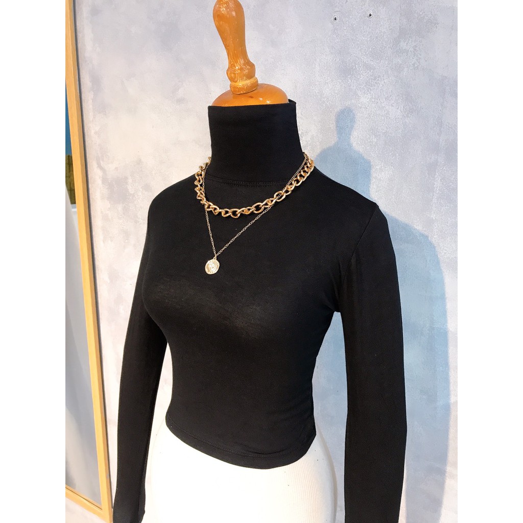 Áo Thun Croptop Tay Dài Cổ Lọ Trắng Đen Freesize "CROPTOP CỔ LỌ TAY DÀI" | BigBuy360 - bigbuy360.vn