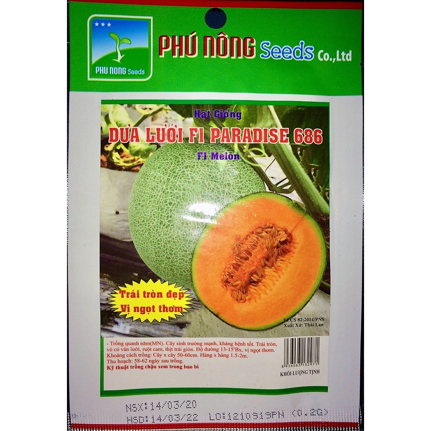 GÓI 0.2G - HẠT GIỐNG DƯA LƯỚI F1 PARADISE 686 THÁI LAN - Sinh trưởng mạnh, kháng bệnh tốt, Trái tròn đẹp, vị ngọt thanh