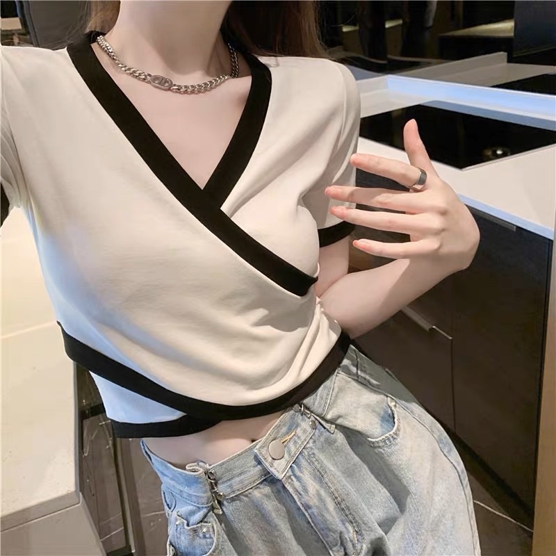 ÁO CROP TOP VẠT CHÉO TÀ PHỐI VIỀN XINH CT1