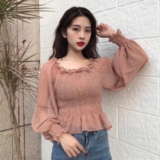 Áo lụa tay bồng trễ vai