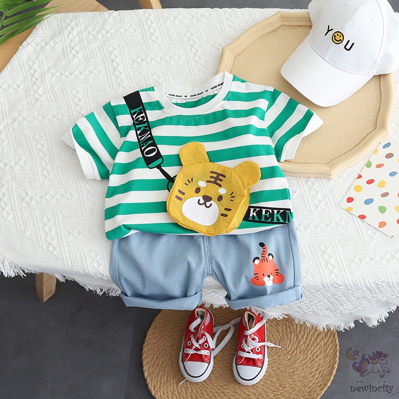 Set Áo Thun Tay Ngắn Sọc Ngang &amp; Quần Short Denim Thời Trang Cho Bé Trai