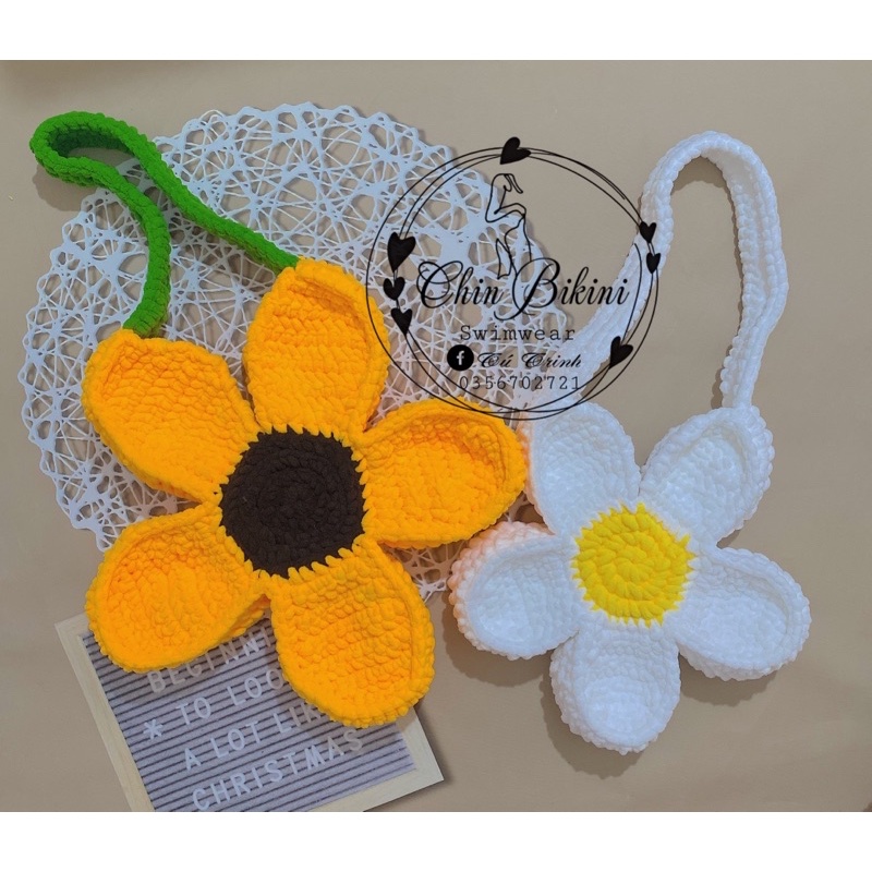 Túi len bông hoa cúc đeo vai size 40cm