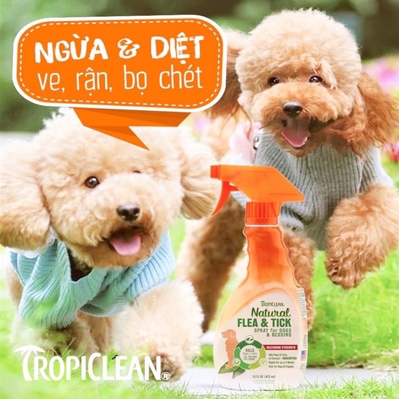 [ 592ml ] Sữa tắm &amp; xịt ngừa ve bọ chét cho chó Tropiclean Natural Flea &amp; Tick (nhập khẩu Mỹ)