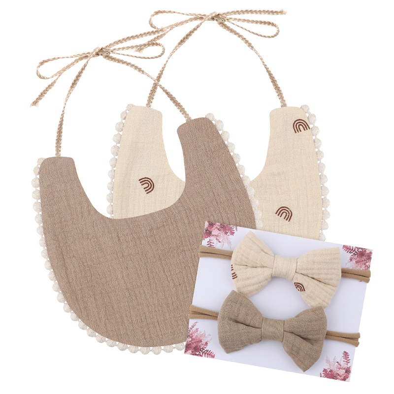 Yếm Ăn Cotton Kèm 2 Băng Đô Đính Nơ Tùy Chỉnh Xinh Xắn Cho Bé Gái