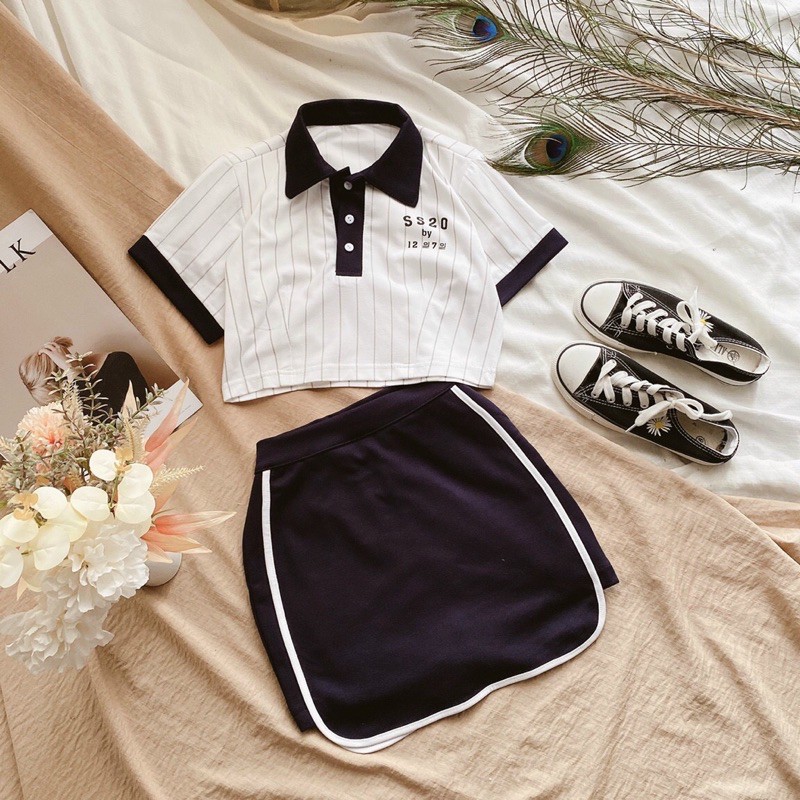 💙[ Mẫu mới] Set crop polo sọc viền cổ xanh + chân váy thể thao💥 SET VÁY 3 MÓN TRẺ TRUNG NĂNG ĐỘNG (Ms: KT01)