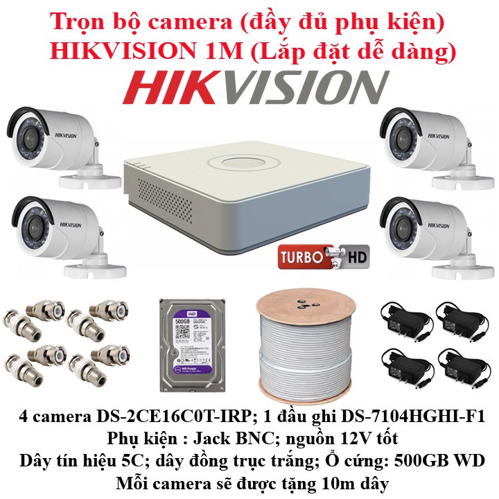 Trọn bộ 4 camera quan sát Hikivison 1.0M chính hãng, HDD 500GB (đầy đủ phụ kiện, lắp đặt dễ dàng) | WebRaoVat - webraovat.net.vn