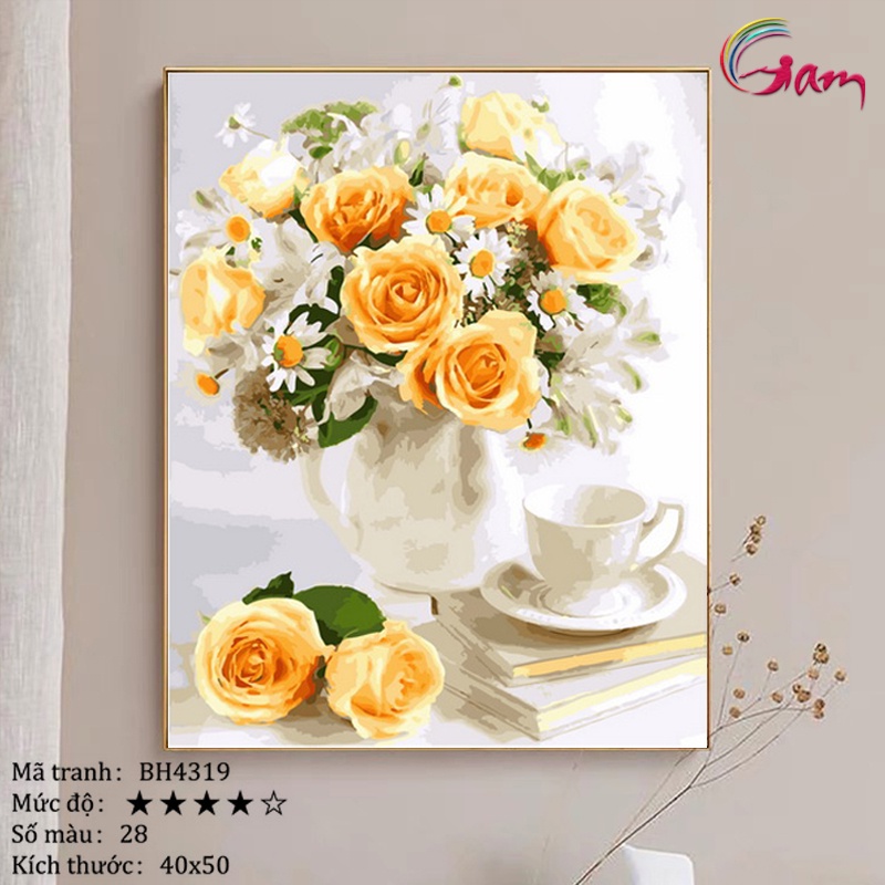 Tranh số hóa hoa hồng vàng có sẵn căng khung 40x50cm BH4319