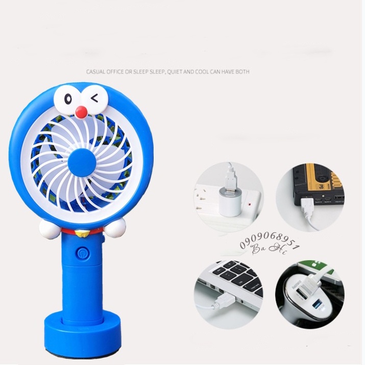 Quạt mini cầm tay sạc doremon có đèn led