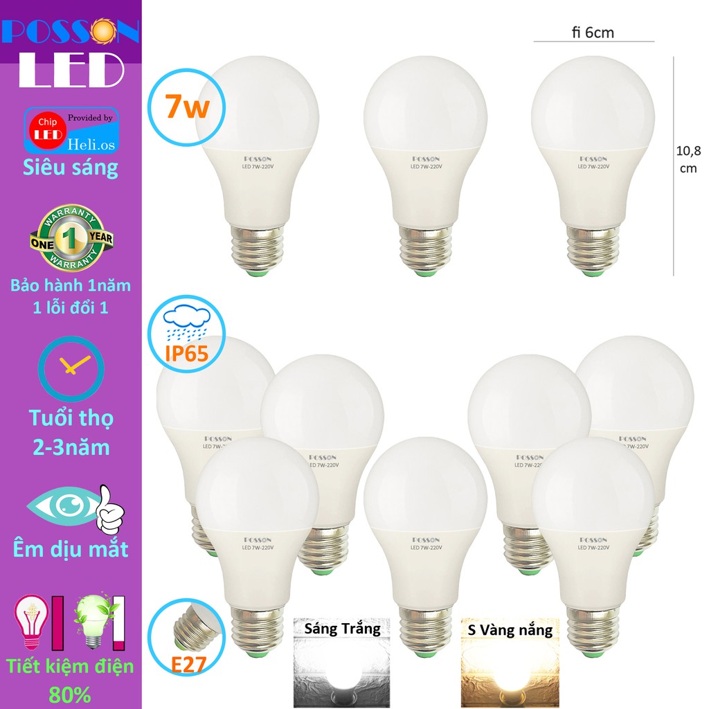 Sỉ 100 Bóng đèn Led 7w A60 bup tròn bulb kín chống nước tiết kiệm điện siêu sáng Posson LB-7x