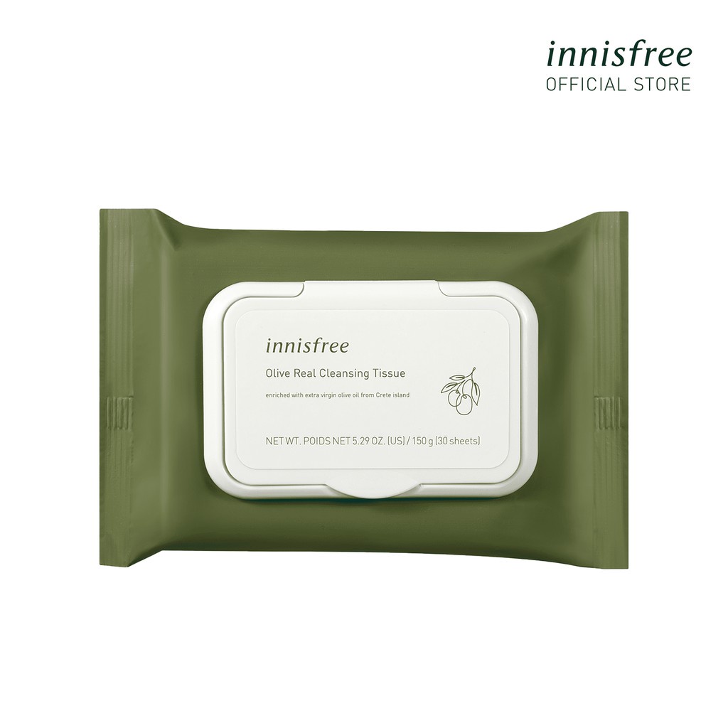 Khăn giấy tẩy trang dưỡng ẩm ô liu vàng innisfree Olive Real Cleansing Tissue (30 miếng)