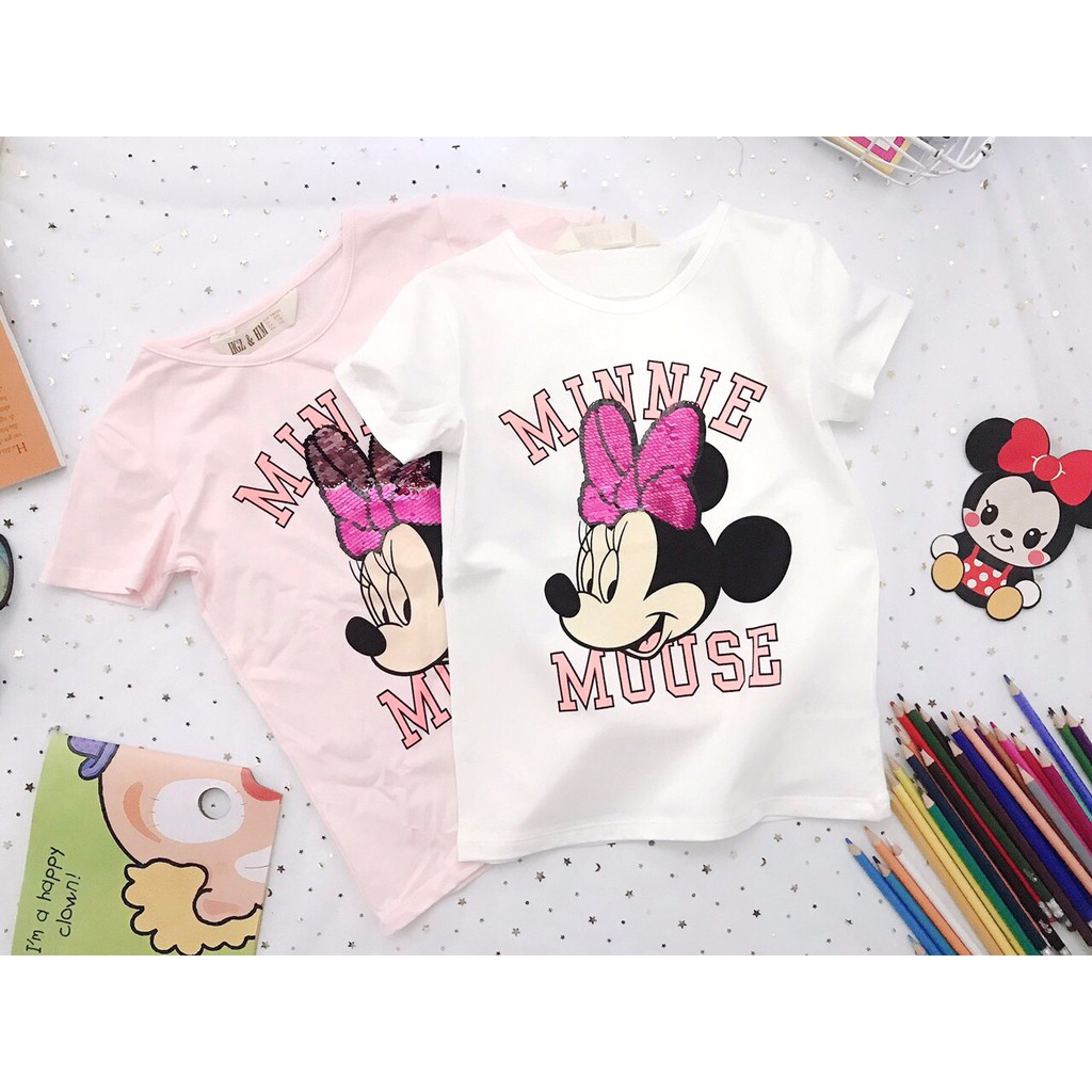 Áo phông cộc bé gái hình Minnie màu trắng đính kim sa APC08