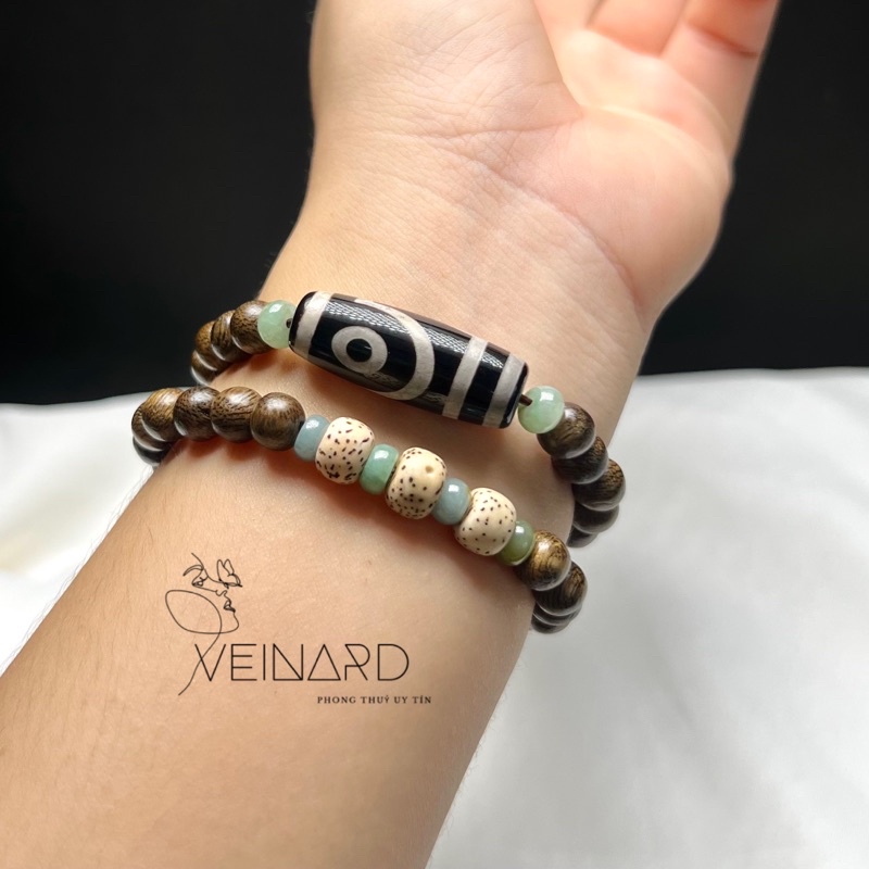 Vòng tay trầm gió vườn 6.8mm mix dzi 2 mắt