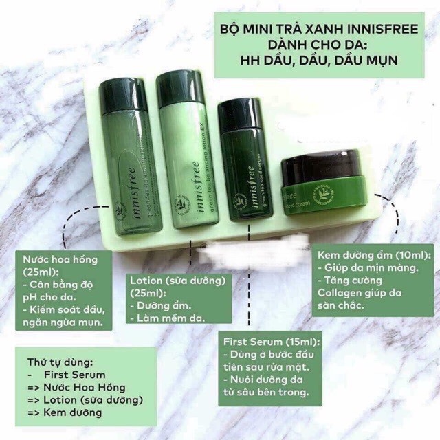 Set dưỡng da, Set dưỡng da mini Innisfree  Green Tea gồm 4 sản phẩm chuẩn AUTH