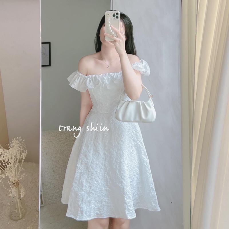 ĐẦM XỐP BẸT VAI BÈO MIDI TRẮNG