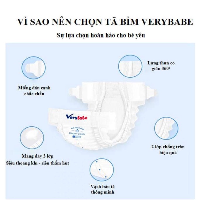 Bỉm Verybabe FREESHIP Tã Verybabe Dán/Quần đủ size S66,M58,L52/L50,XL46,XXL44