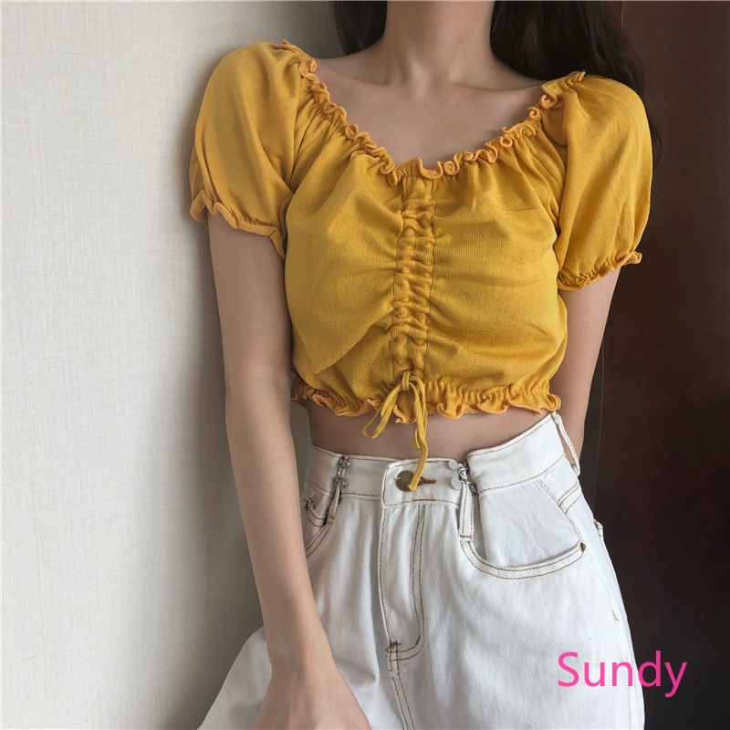 Áo kiểu croptop tay ngắn phối dây rút xinh xắn thời trang dành cho nữ