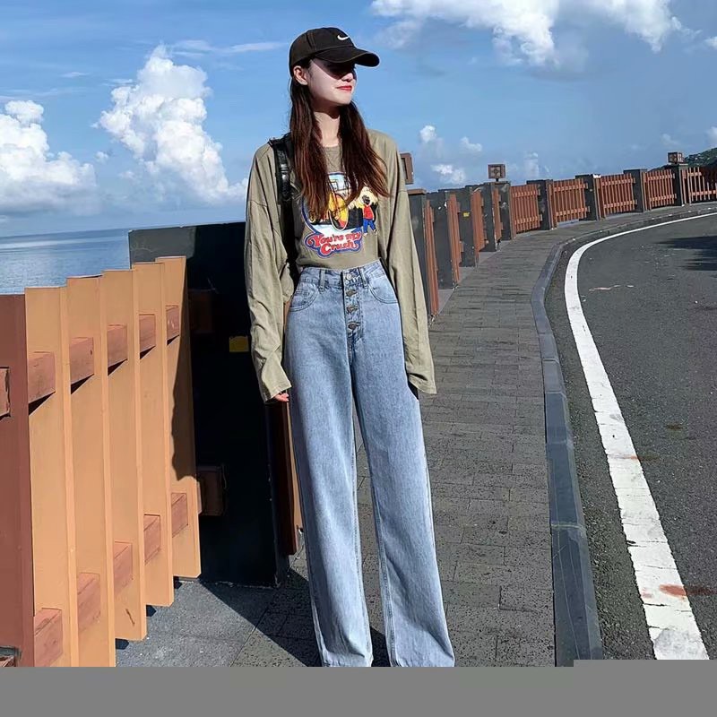 Quần Jeans Dài Lưng Cao Ống Rộng Thời Trang Hàn Cho Nữ