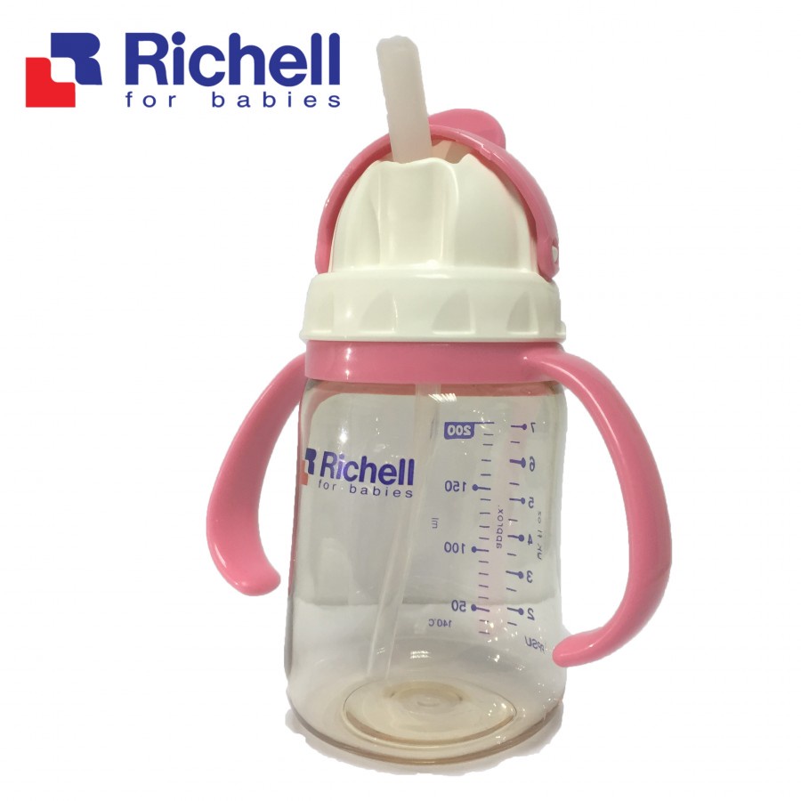 Bình tập uống nước ống hút có tay cầm Richell 200ml nhựa PPSU cao cấp ( 3 màu ) - binh tap uong nuoc cho bé